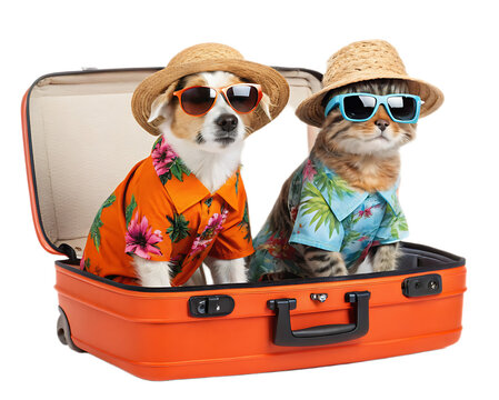 A dog and a cat in a suitcase wearing sunglasses and hawaiian shirts ready for vacation travel