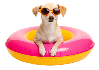 A chihuahua dog wearing sunglasses sitting inside a pink and yellow inflatable swimming ring on black