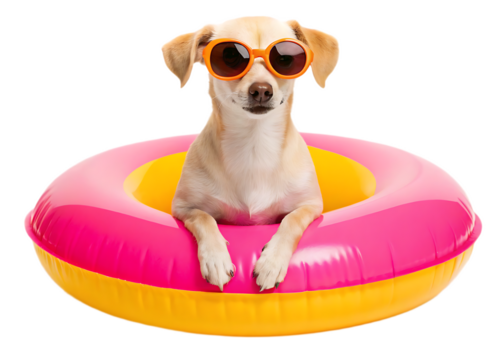A chihuahua dog wearing sunglasses sitting inside a pink and yellow inflatable swimming ring on black