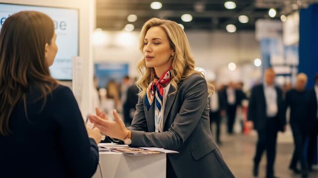 Professional Businesswomen Engaged in Discussion at a Corporate Trade Show or Exhibition Booth, Networking and Communicating