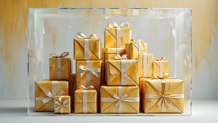 Stacked golden gifts with white ribbons yellow