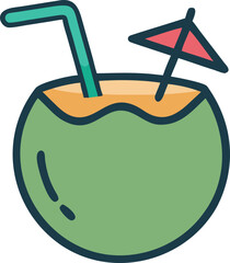 Tropical Coconut Drink Icon with Straw and Umbrella