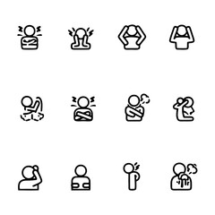 Sick and symptoms injuries silhouette icons flat line design. Line icon. Black icon