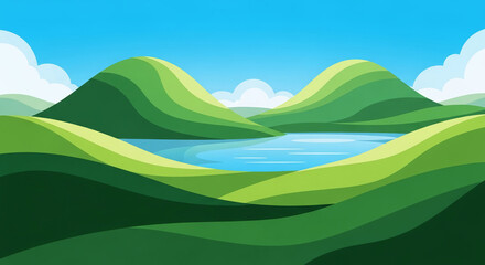 Fototapeta premium Stylized illustration of green hills and blue lake under a bright blue sky, representing serenity, nature, and peace, ideal for travel or environmental themes