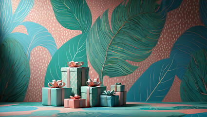 Teal and pink gifts with tropical leaf pattern tropical leaves patterned