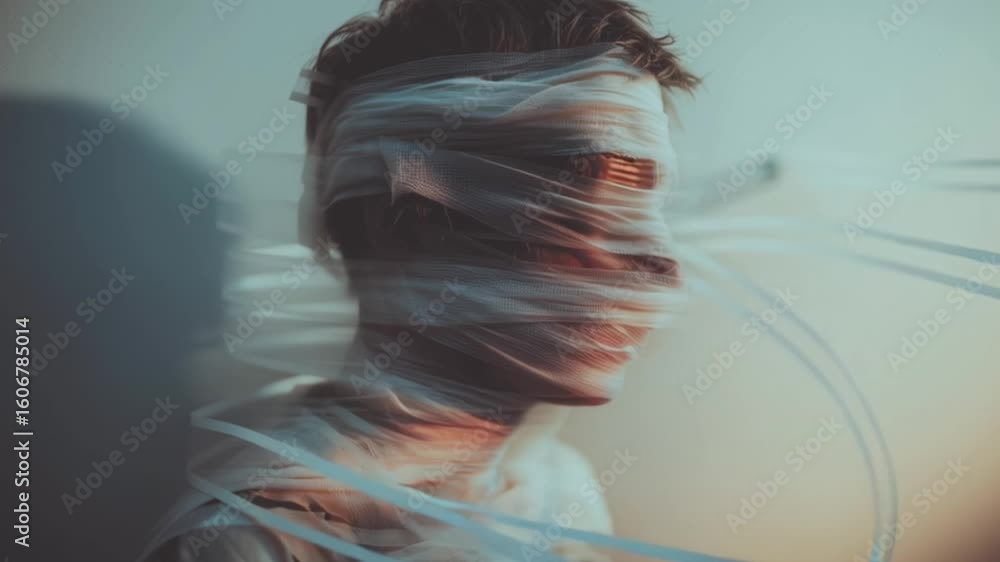 Poster person with abstract motion wrap in cloth creates a striking visual effect in artistic portrait