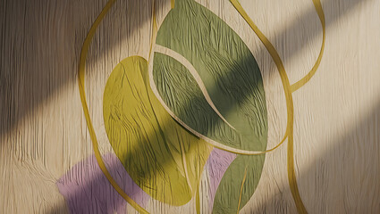 Textured botanical pattern with abstract floral elements and golden curves green