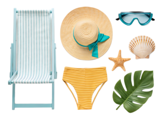 Beach essentials arranged on a black background with chair hat swimsuit and other accessories