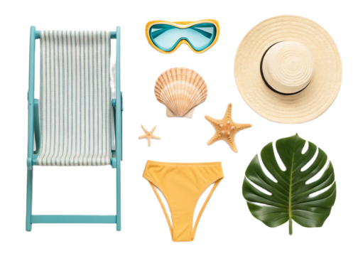 Overhead shot of beach chair, goggles, seashell, starfish, bikini, hat, and monstera leaf on black