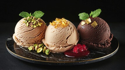 Artisanal gelato scoops trio on elegant black marble plate with gold rim featuring premium chocolate with pistachios, vanilla with chocolate drizzle, and dark chocolate with gold leaf garnish