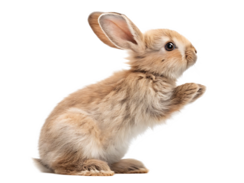 A light brown bunny standing on its hind legs with its paws up against a black background isolated