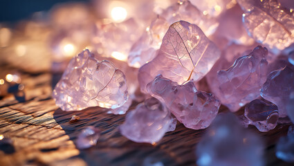 Translucent crystalline leaves illuminated by soft light pink