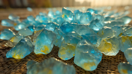 Translucent blue and yellow crystalline fragments scattered on woven surface image
