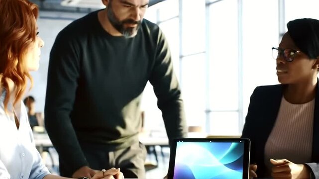 Diverse business team collaborating in a sunlit modern office during a meeting.
