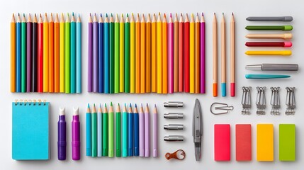 Obraz premium Collection of Colorful Pencils and Assorted School Stationery Supplies on White Background