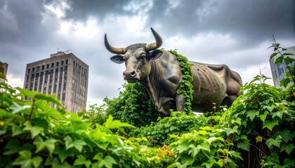 Large bull statue surrounded by lush green vines and plants, set against backdrop of cloudy skies and urban buildings, evokes sense of nature blending with city life