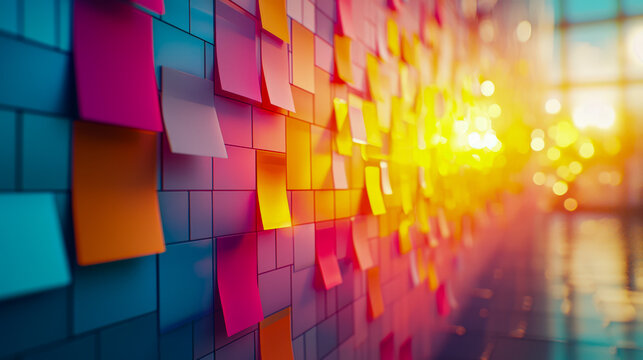 Colorful wall covered with sticky notes illuminated by warm sunlight