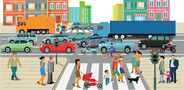 Stadt&uuml;bersicht mit Verkehr und H&auml;usern und Menschen illustration