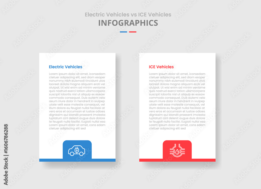Poster ev vs ice vehicles machine comparison for infographic with vertical box with badge on bottom drop sh