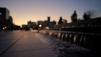 Urban twilight water feature with city skyline image