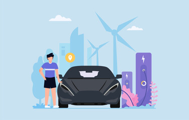 Electric Car Charging Station with Wind Turbines and Young Man Engaging in Sustainable Energy Practices in an Urban Setting