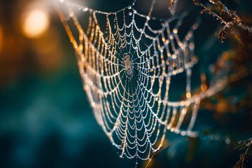 Dew-covered spider web illuminated by morning light in a natural setting