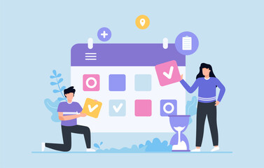 Project Planning Illustration Featuring Team Members Organizing Tasks with Calendar and Checklist in a Creative Workspace
