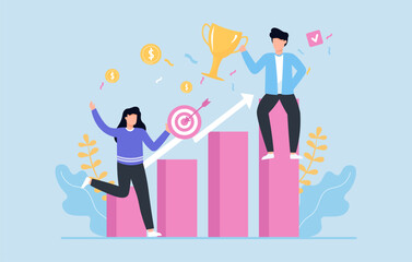 Business Success Representation Through Illustration of Diverse Individuals Celebrating Growth with Trophy and Upward Trend in Strategic Finance