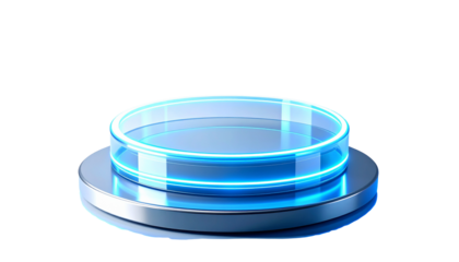 Futuristic Holographic Ring Display on Transparent Base with Blue Light Technology isolated on solid white background in Png