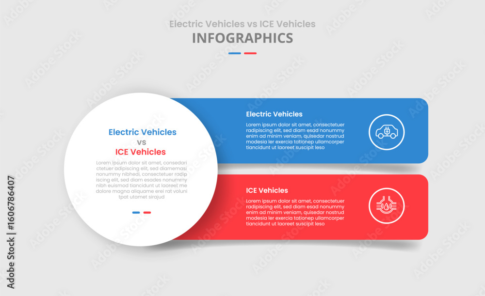 Poster ev vs ice vehicles machine comparison for infographic with big circle and round box rectangle stack 