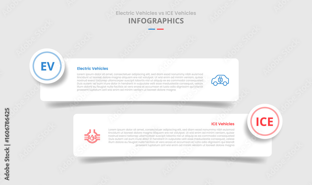 Poster ev vs ice vehicles machine comparison for infographic with round rectangle box with circle badge dro