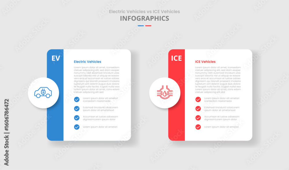 Poster ev vs ice vehicles machine comparison for infographic with round box container with circle badge and