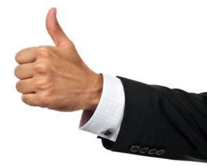 A hand in a suit giving a thumbs up gesture against a black background in a studio shot image