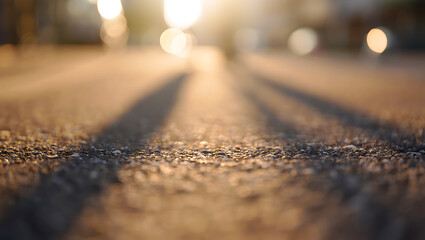 Warm sunlight casting long shadows across a textured road asphalt bokeh