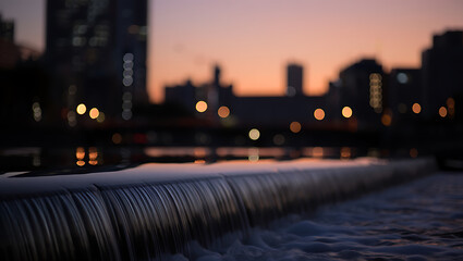 Water cascade against city lights at dusk waterfall river
