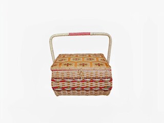 The white background in the picture is a woven rattan basket with a beautiful pattern alternating red and white colors. There is a handle and a lid that opens with a red cloth lining inside.
