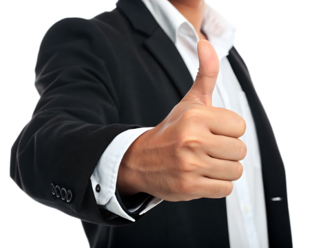 A business man in a suit giving a thumbs up with a white shirt on a transparent background image