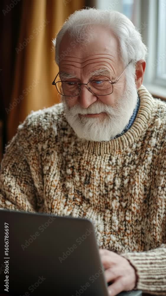 Poster man in glasses working on a computer, engaged and focused