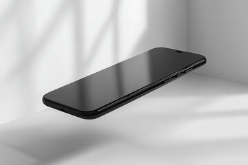 Modern black smartphone with sleek design on a bright minimalist background