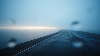 Wet asphalt road curving through misty blue expanse water reflections