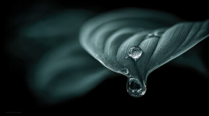 Close-up of a tropical leaf with water droplets in dark lighting