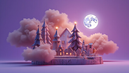 Whimsical winter village under moonlit sky snow covered trees houses