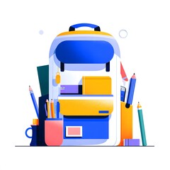 School Backpack Filled with Various Stationary Items on White Background