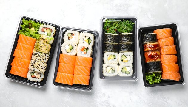 Assorted sushi rolls in takeout containers - Powered by Adobe