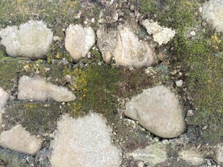 Mossy Stone and Mortar Wall. A close-up view of an old wall constructed from various stones and mortar, heavily textured with green moss and natural growth