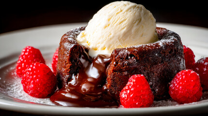 Decadent chocolate lava cake with vanilla ice cream and fresh raspberries