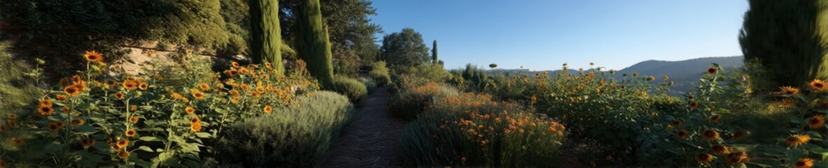 Serene nature walk scenic garden hdr panoramic view vibrant sunflowers 360 degree environment