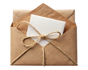 Close up of a brown paper envelope with a white card and twine tied around it in a bow shape