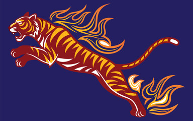 Blazing tiger leaping with fire tail and fierce energy in flaming stylized motion vector illustration