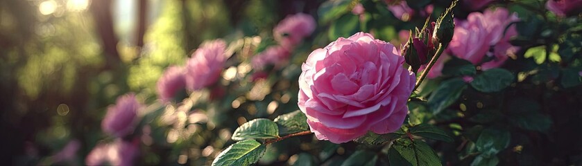 Obraz premium Rugosa rose echo in floral tempo concept. Beautiful pink rose blooming in a sunny garden setting.